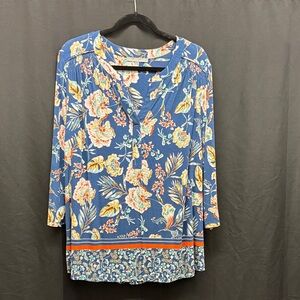 Daniel Rainn Blue Floral Blouse with Orange Accents